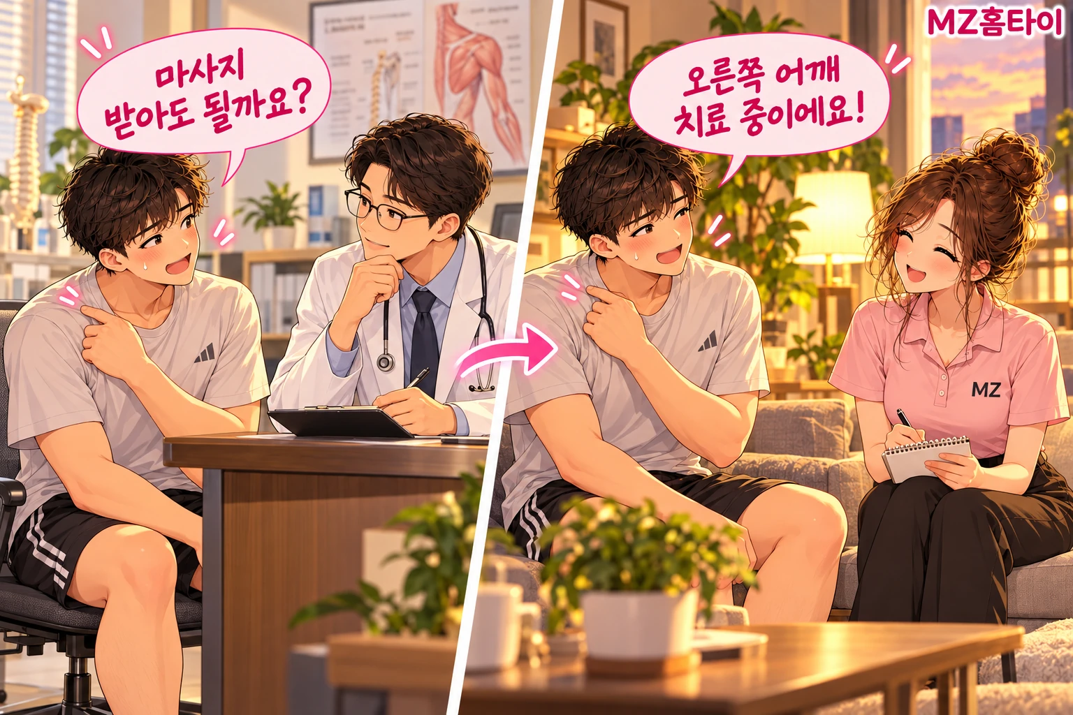 재활치료 중 마사지 가능 여부를 의료진에게 묻고 관리사에게 치료 부위를 알리는 일러스트