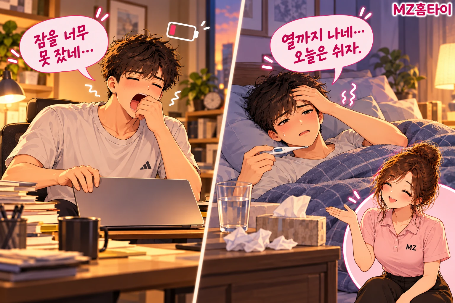 단순한 피로와 열이 나는 상태를 구분해 보여주는 두 컷 일러스트
