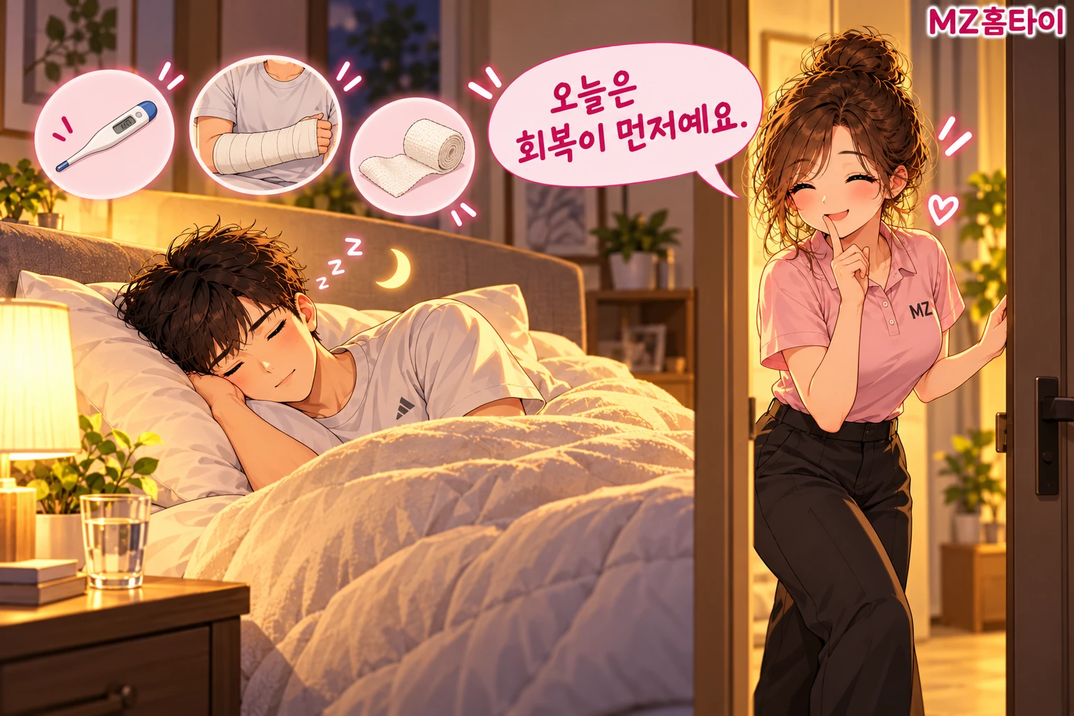 몸이 좋지 않은 날 침대에서 쉬는 고객과 조용히 나가는 관리사 일러스트