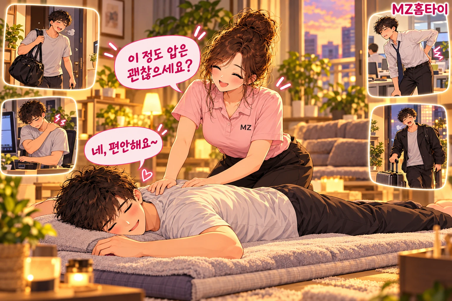 일상 활동 후 집에서 강도를 확인하며 편안하게 마사지받는 고객 일러스트