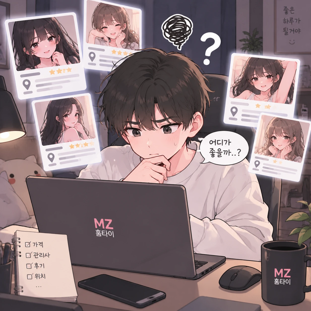 남성 고객이 여러 출장 마사지 업체를 비교하며 어디가 좋은지 고민하는 MZ홈타이 일러스트