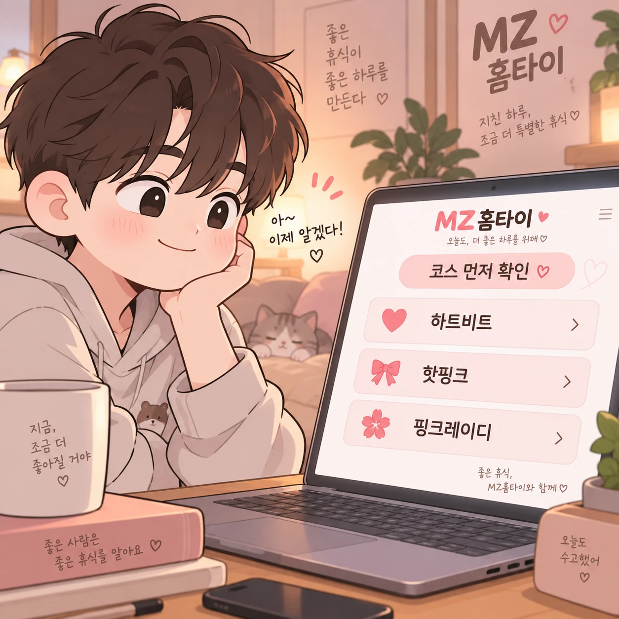 남성 고객이 MZ홈타이 하트비트 핫핑크 핑크레이디 코스를 확인하는 2D 일러스트
