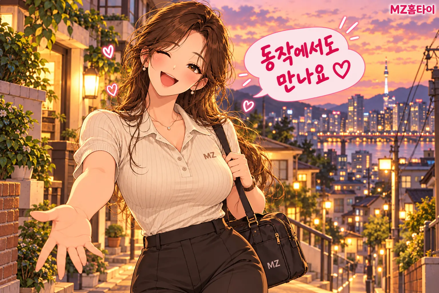 동작구 주택가에서 방문 가방을 들고 인사하는 MZ홈타이 관리사 일러스트