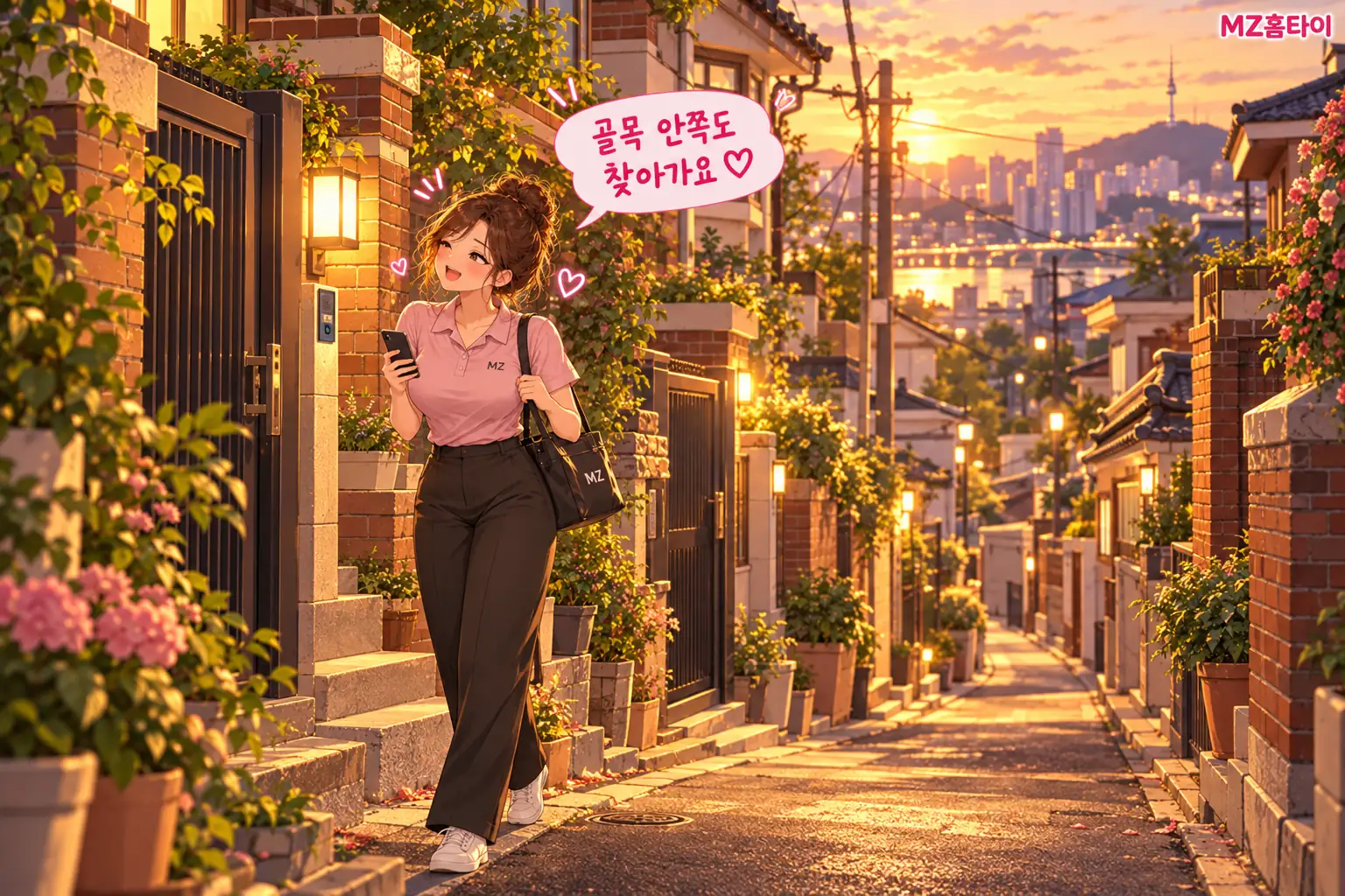 흑석동 골목 주택의 대문 앞에서 주소를 확인하는 MZ 관리사 일러스트