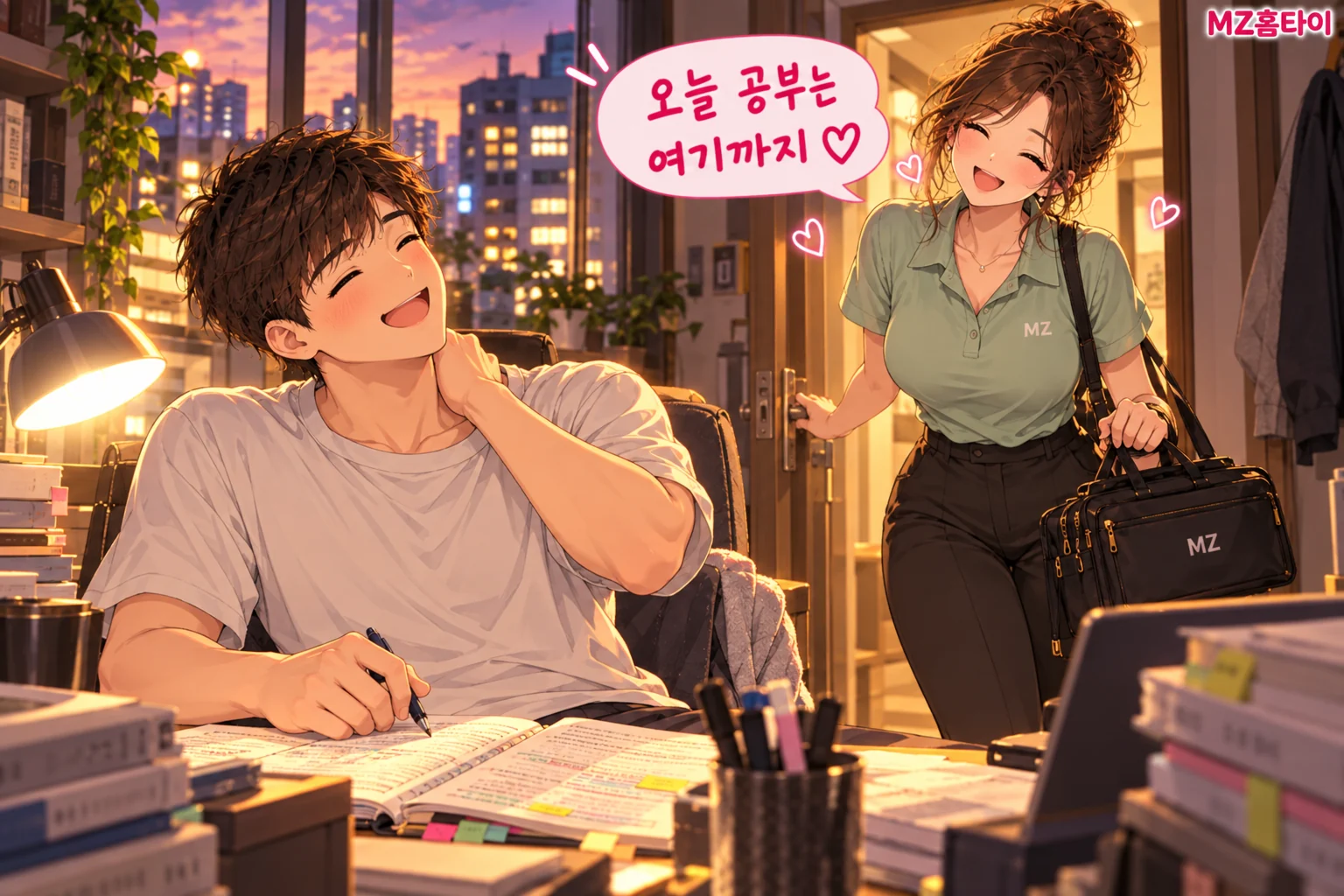 노량진 공부방에서 목과 어깨가 뻐근한 성인 수험생을 찾아온 MZ 관리사 일러스트