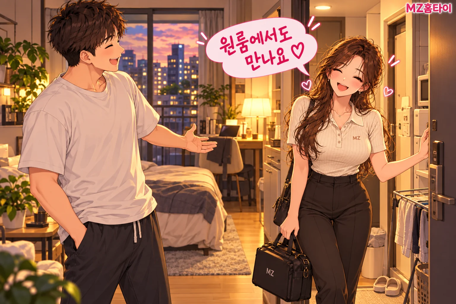 사당 원룸 현관에서 방문한 MZ홈타이 관리사를 맞이하는 성인 고객 일러스트