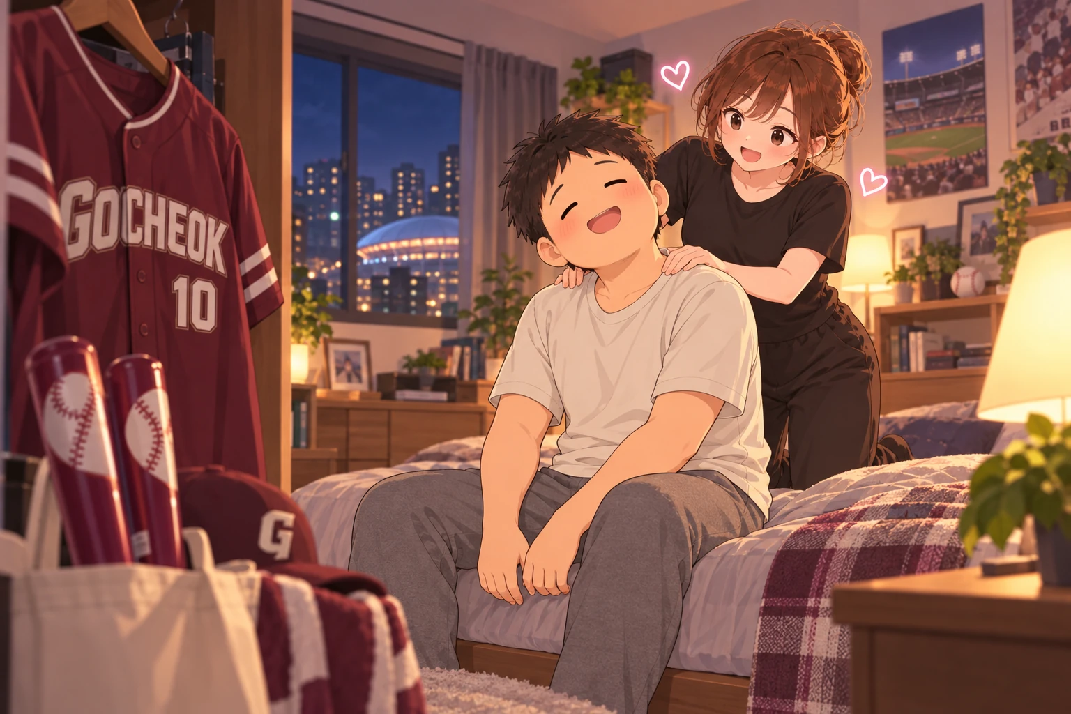 야구 관람 후 고척동 집에서 어깨 관리를 받는 손님과 MZ홈타이 관리사 일러스트