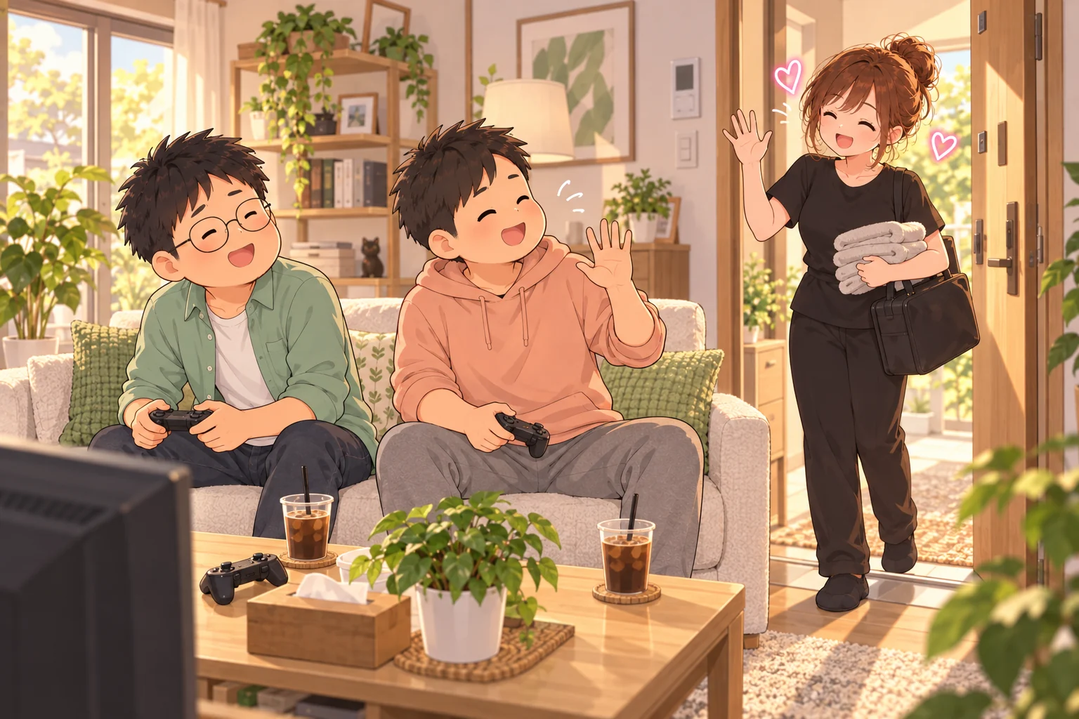 신도림동 집에서 게임하던 두 친구가 방문한 MZ홈타이 관리사를 맞이하는 일러스트