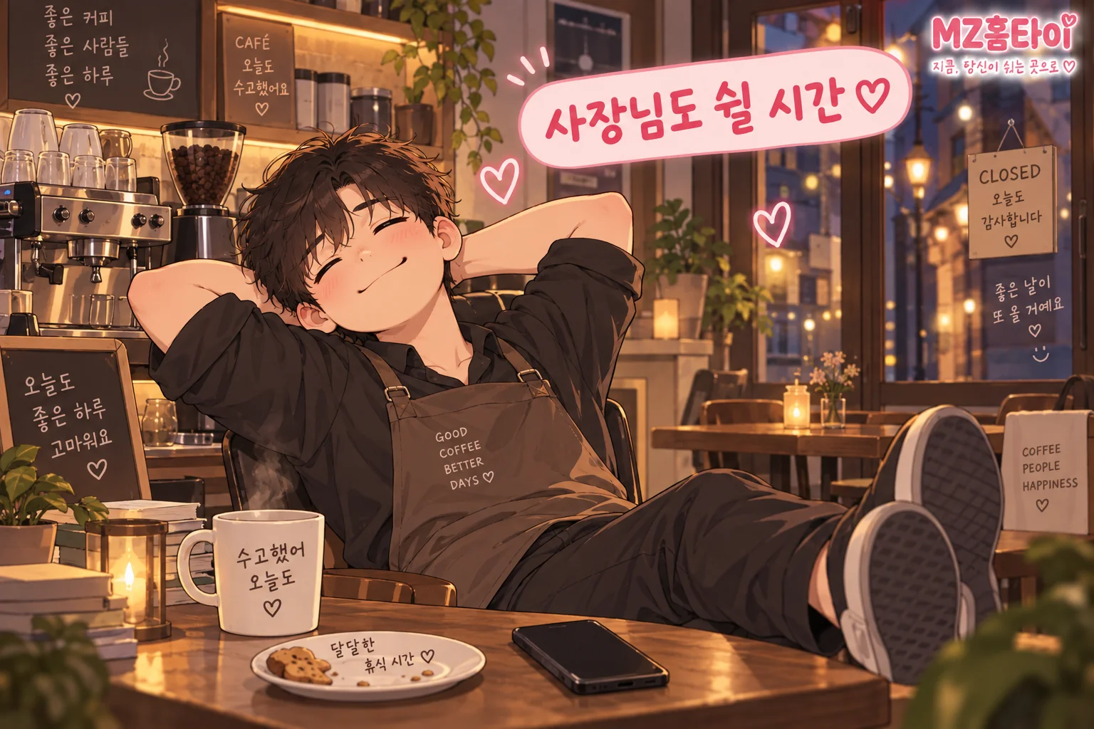 샤로수길 카페 마감 후 앞치마 차림으로 쉬는 사장님 일러스트