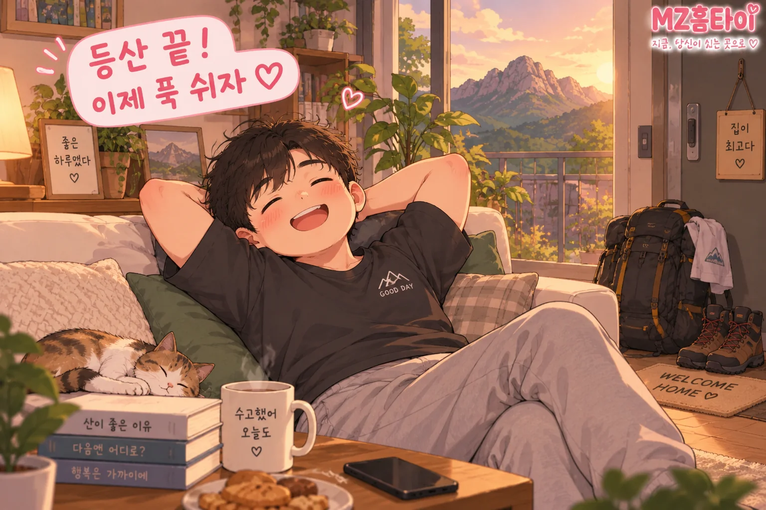 등산화와 배낭을 내려놓고 집 소파에서 쉬는 관악산 등산객 일러스트