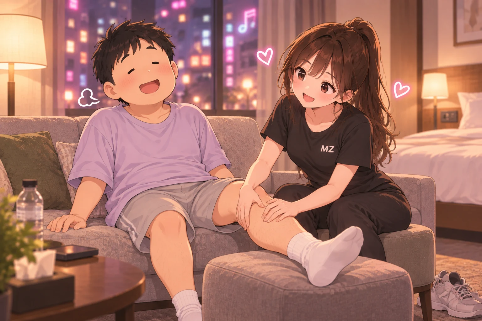 홍대에서 놀고 숙소로 돌아온 남자 손님의 다리를 관리하는 여자 관리사 일러스트