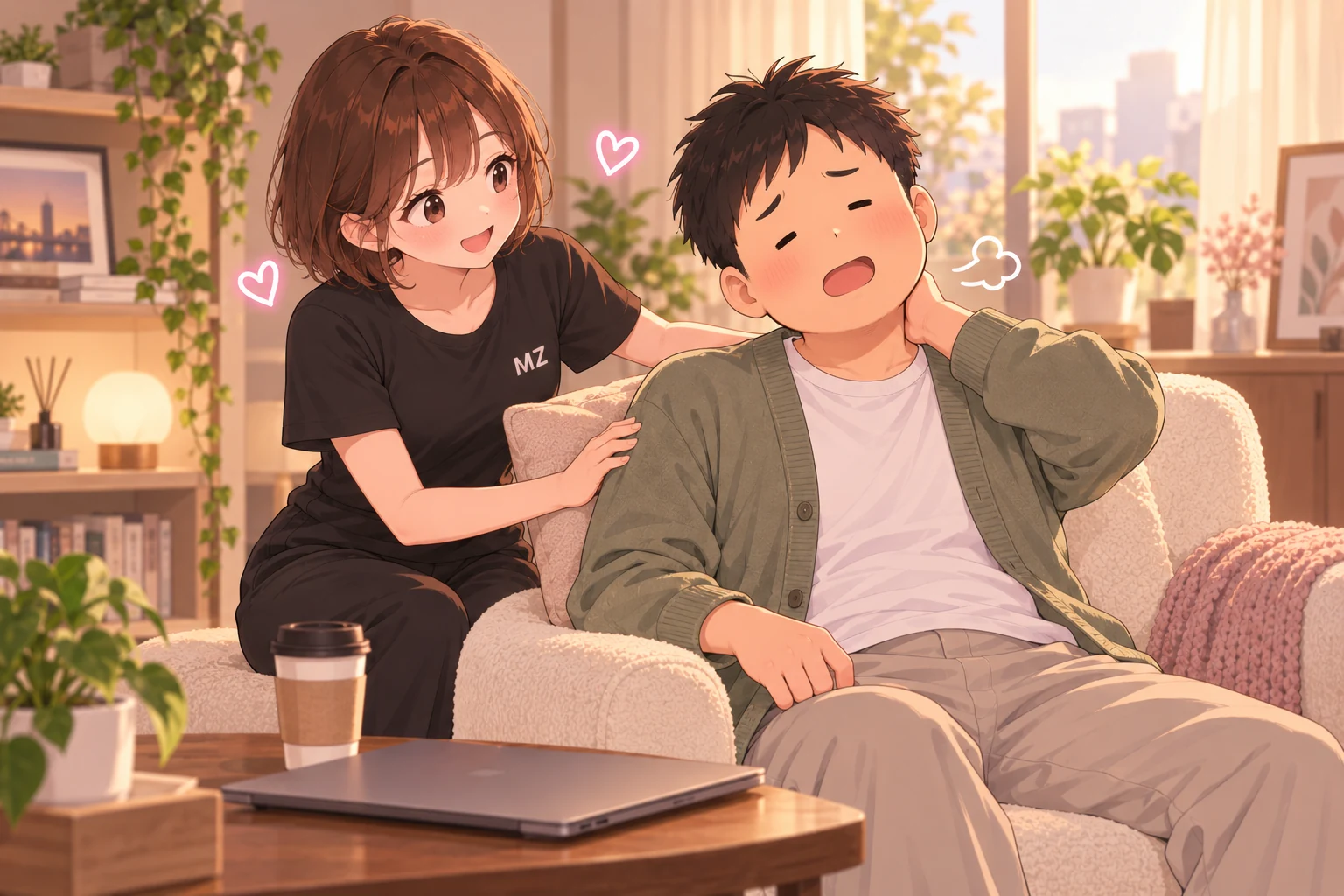 합정 카페에 다녀온 뒤 목이 뻐근한 남자 손님을 챙기는 여자 관리사 일러스트