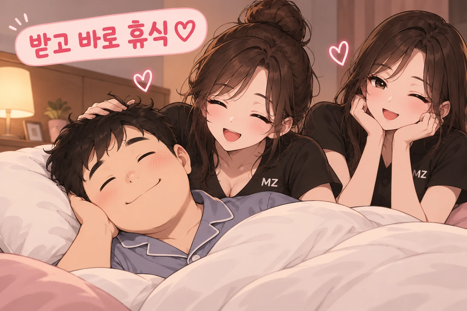 마사지 후 자기 침대에서 이불을 덮고 편안하게 쉬는 고객 일러스트