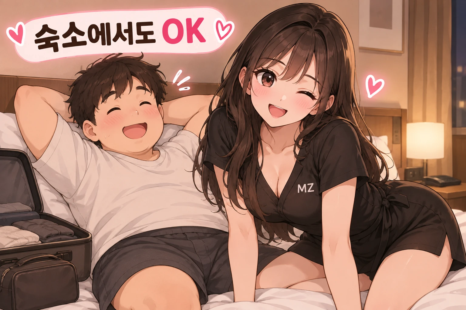 여행 가방을 둔 호텔 객실에서 MZ홈타이 방문 서비스를 이용하는 고객 일러스트
