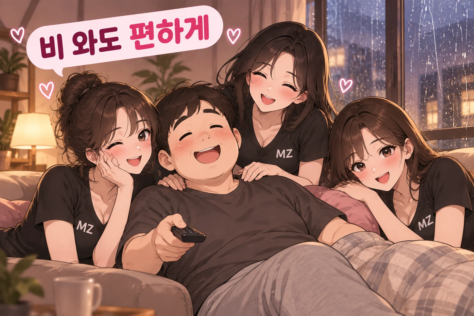 창밖에 비가 내리는 동안 실내에서 편하게 쉬는 고객의 출장마사지 추천 일러스트