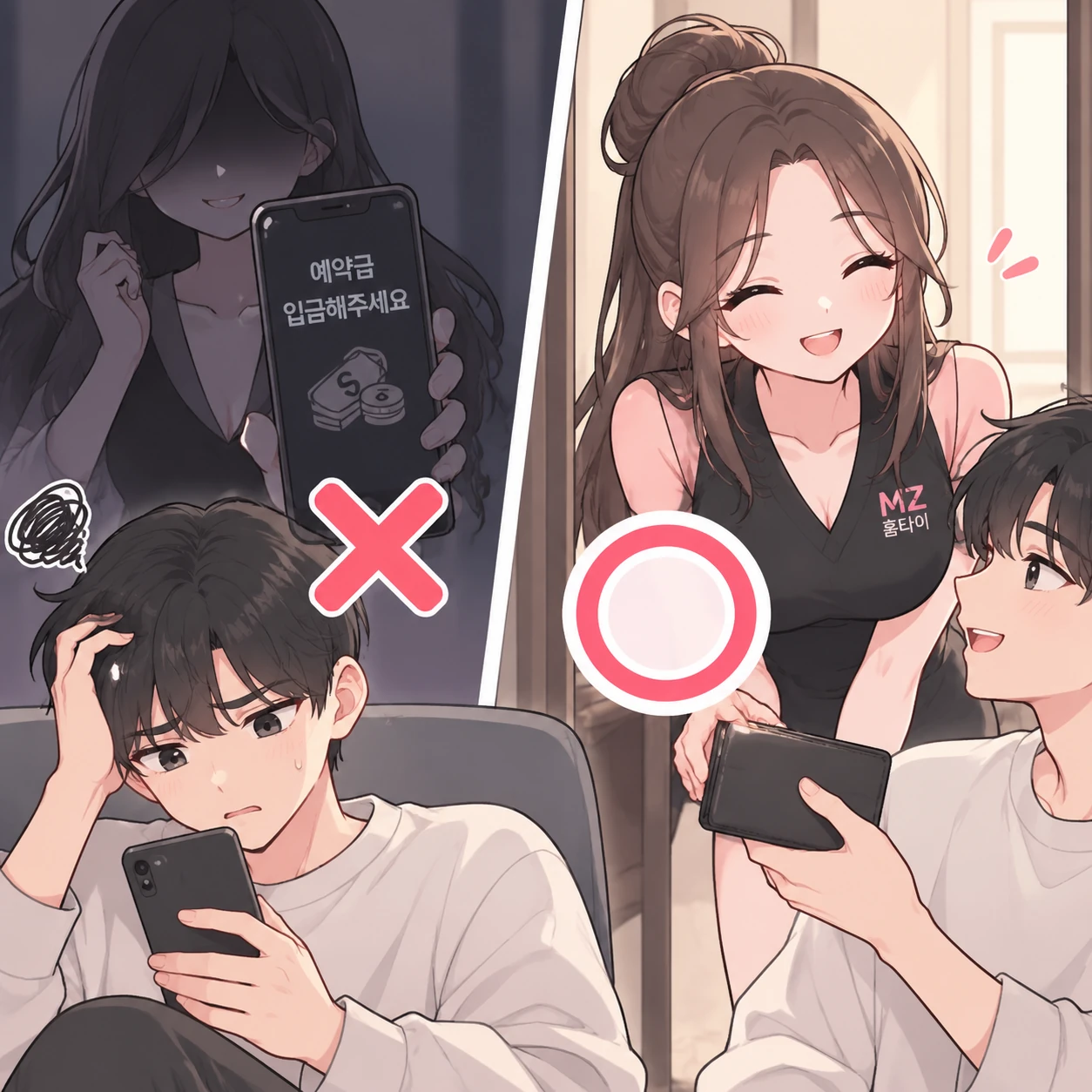 출장 마사지 예약 시 선입금을 보내지 않고 방문 후 결제하는 모습을 설명한 MZ홈타이 일러스트
