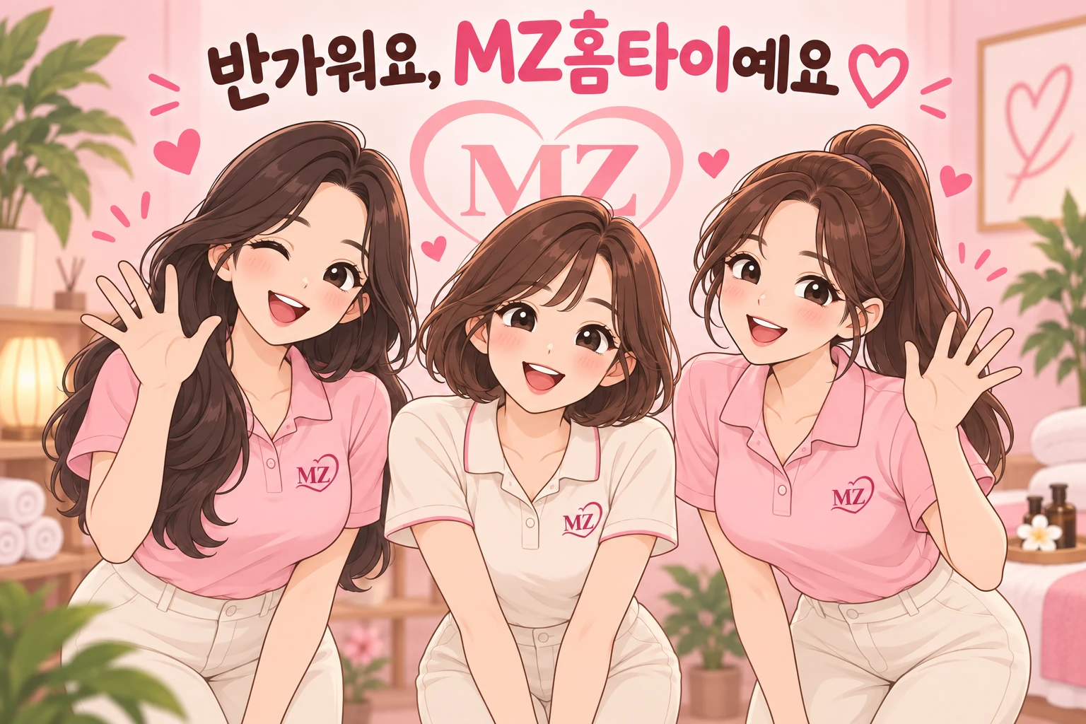 핑크색 MZ 로고 앞에서 웃으며 인사하는 여성 관리사 세 명의 MZ홈타이 일러스트