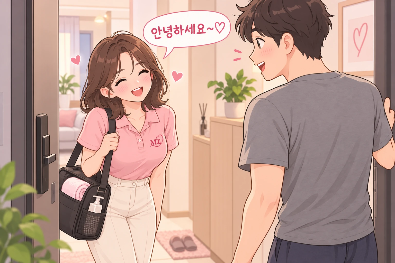 여성 관리사가 방문 가방을 들고 남성 고객의 집 현관에서 밝게 인사하는 일러스트