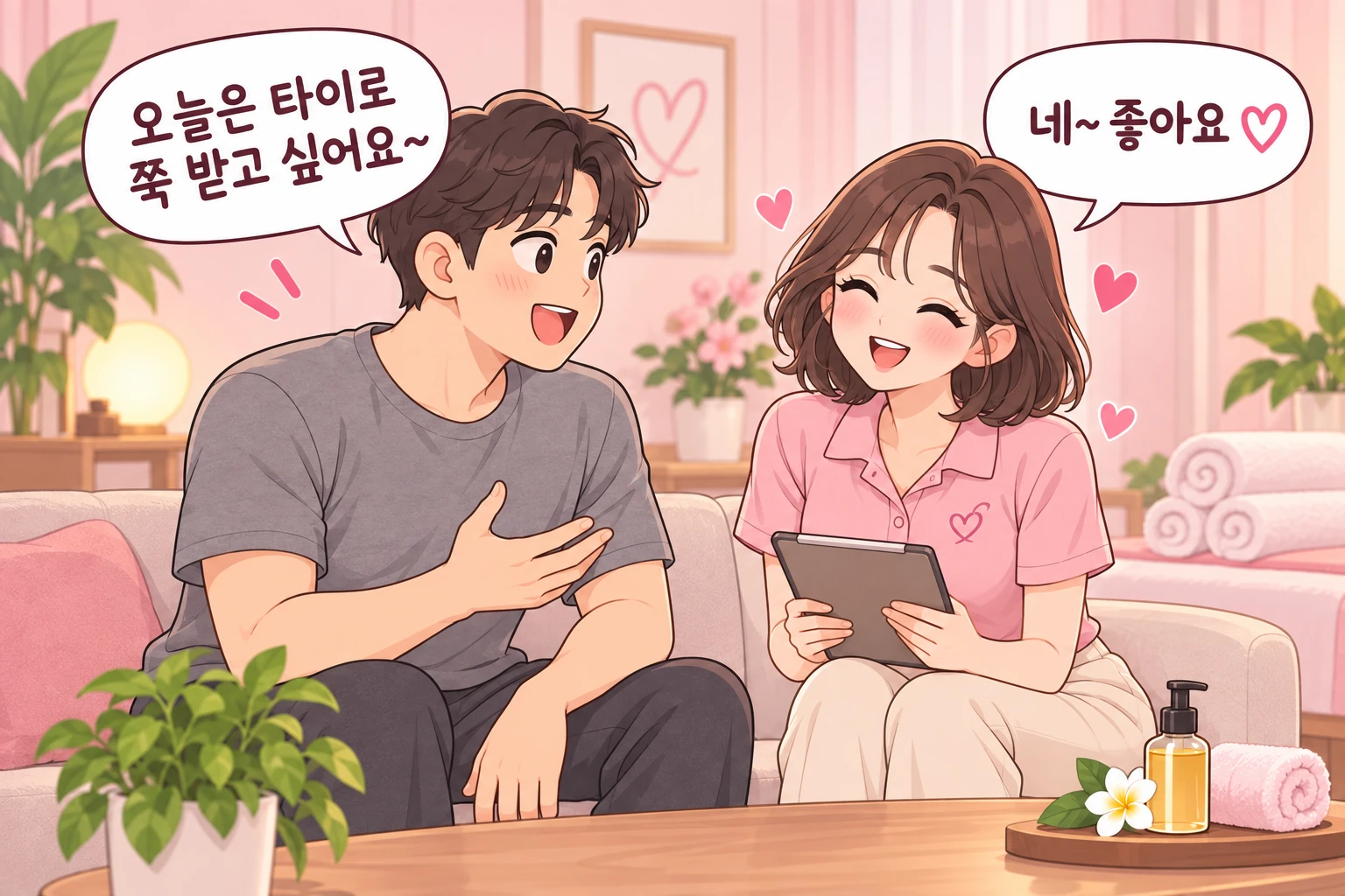 남성 고객이 타이로 쭉 받고 싶다고 말하고 여성 관리사가 웃으며 대답하는 일러스트