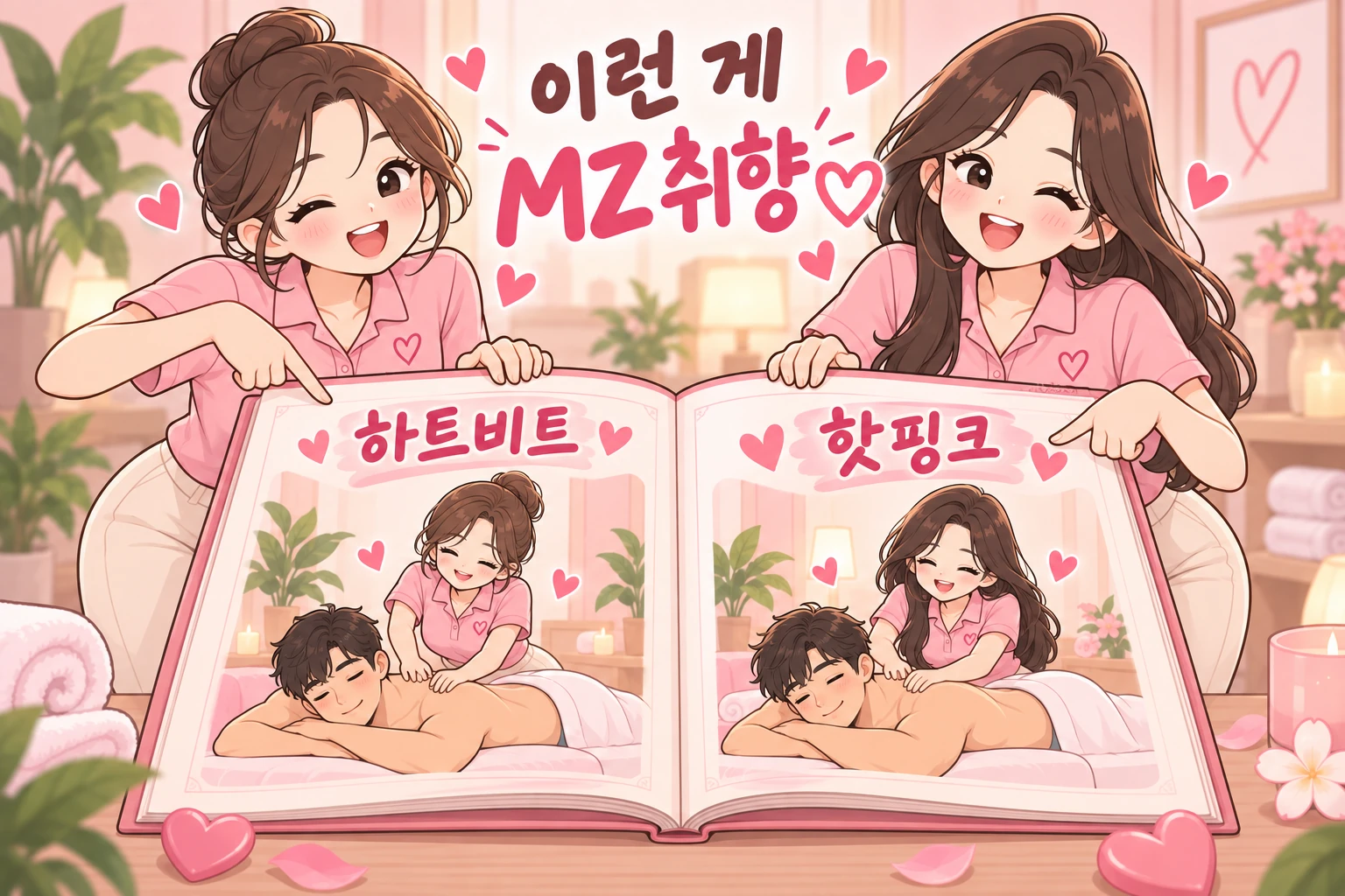 여성 관리사들이 하트비트와 핫핑크 코스 책을 소개하며 책 안에는 남성 고객이 관리받는 모습이 담긴 일러스트