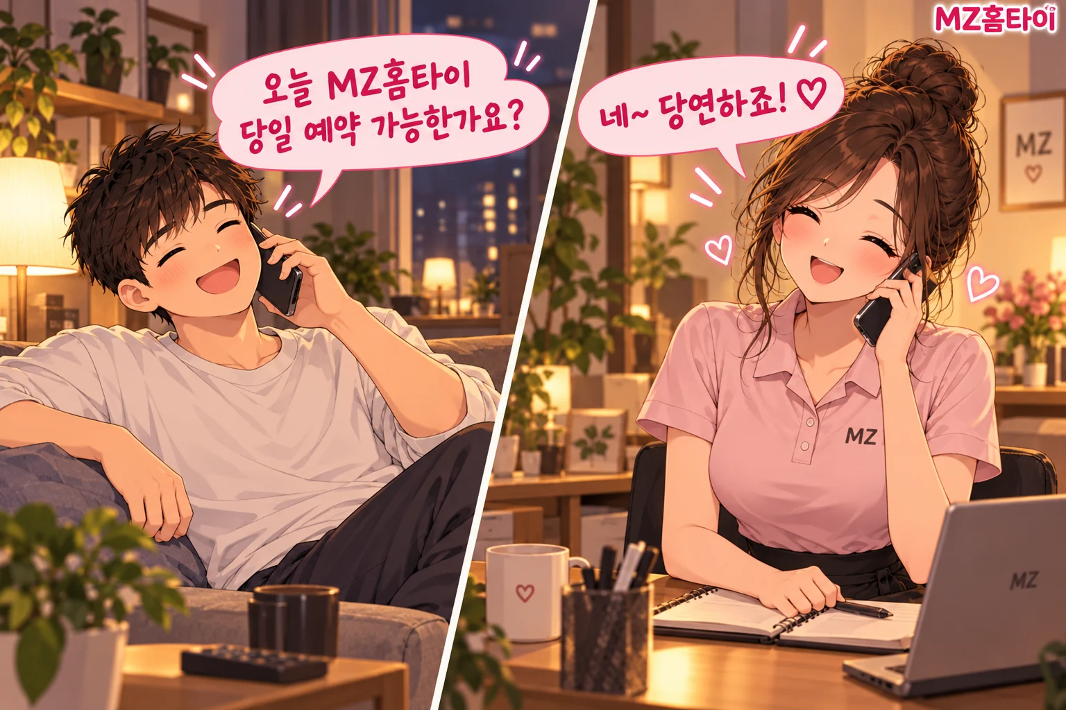 출장마사지 당일 예약을 전화로 문의하는 고객과 응대하는 MZ홈타이 관리사 일러스트