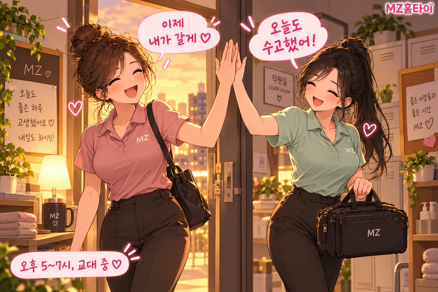 오후 5~7시 주간 야간 교대 중 하이파이브하는 MZ홈타이 관리사 일러스트
