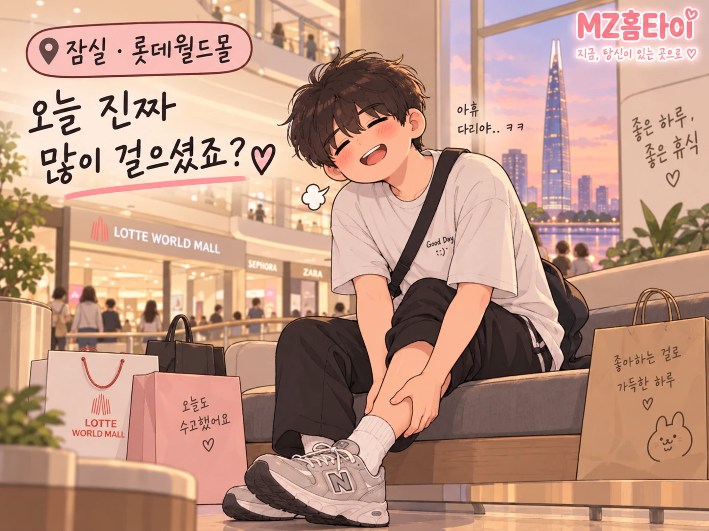 송파 출장 마사지 잠실 롯데월드몰에서 많이 걸은 뒤 다리가 피곤한 모습