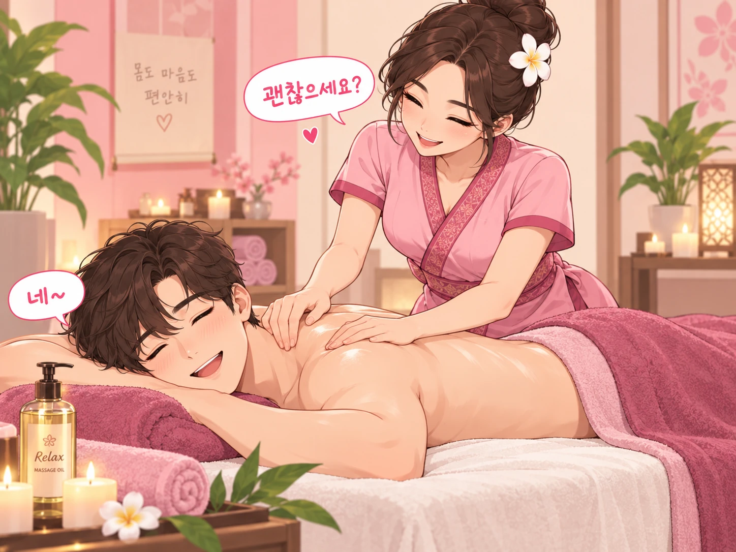 출장 스웨디시 마사지 중 압이 괜찮은지 확인하는 관리사