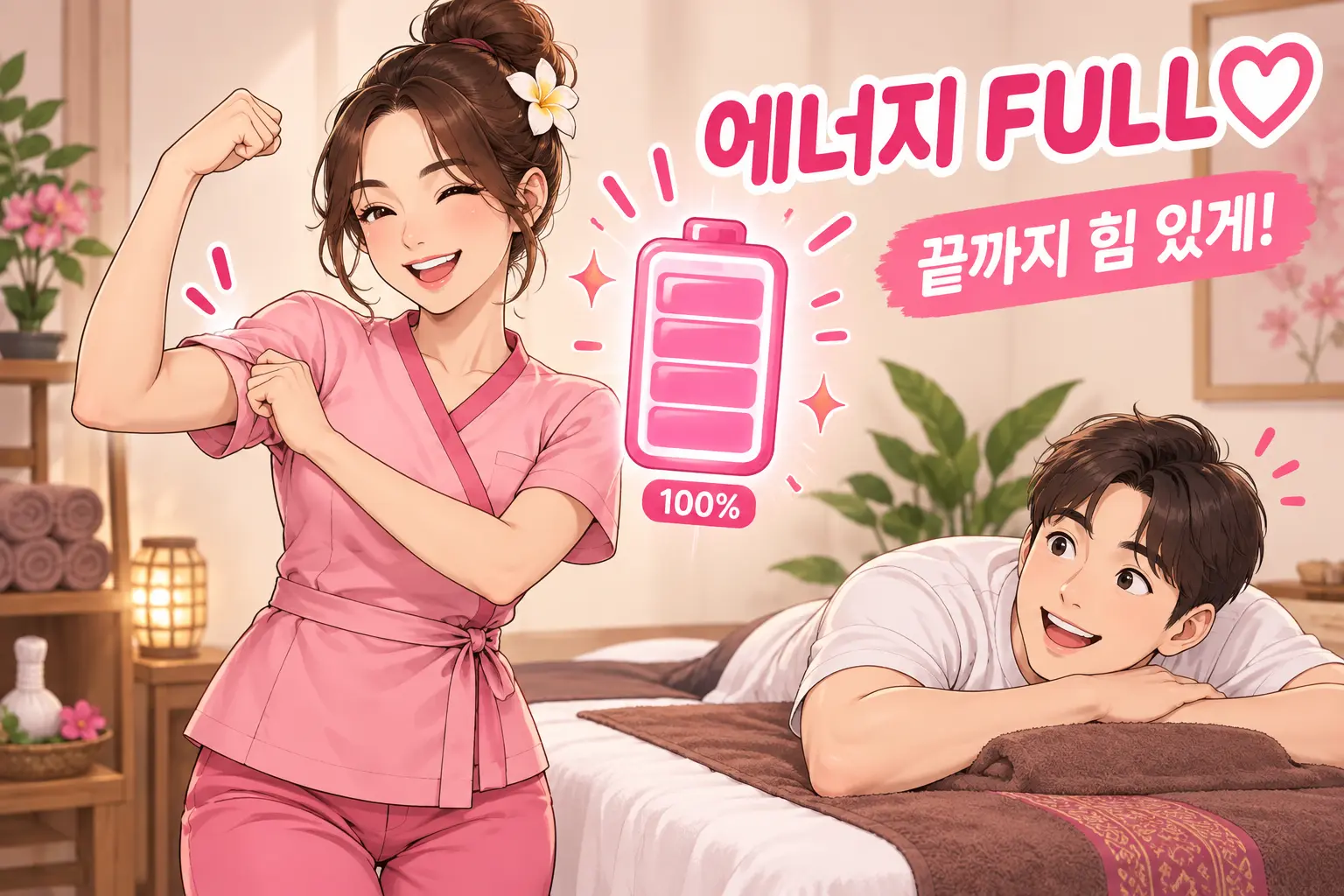 젊은 관리사의 활기찬 타이 마사지 관리 모습