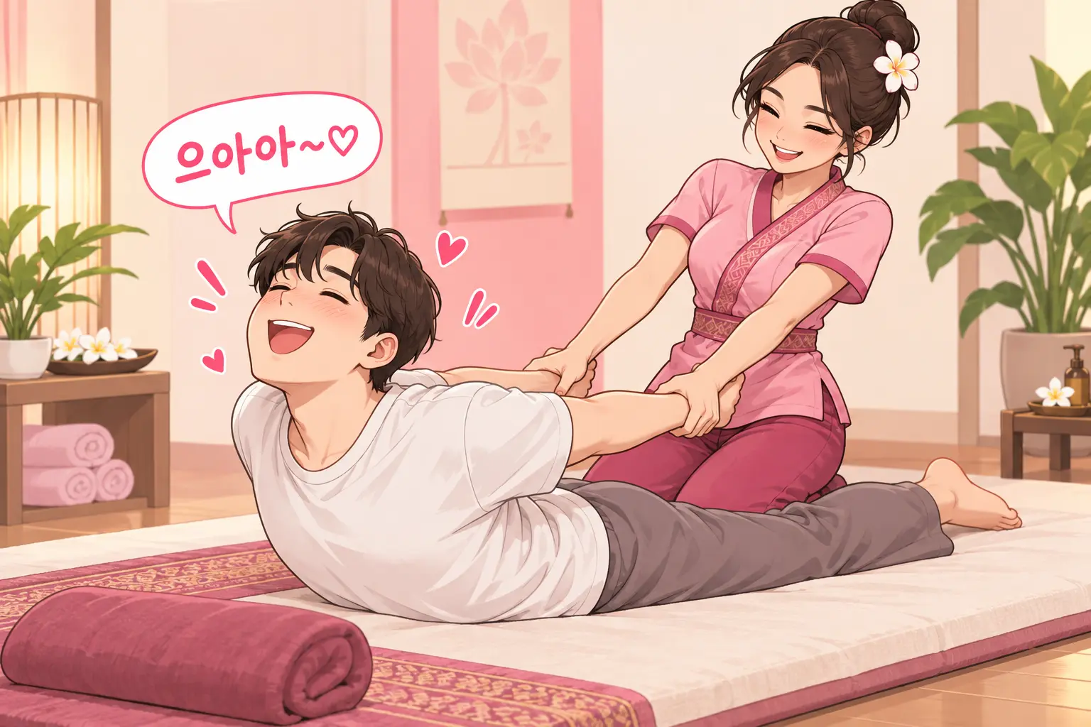 태국 출장 마사지 전신 스트레칭을 진행하는 MZ홈타이 관리사