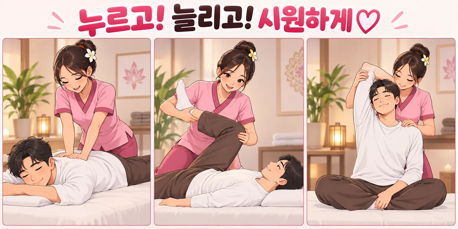 태국식 타이 마사지 압 관리와 스트레칭 테크닉