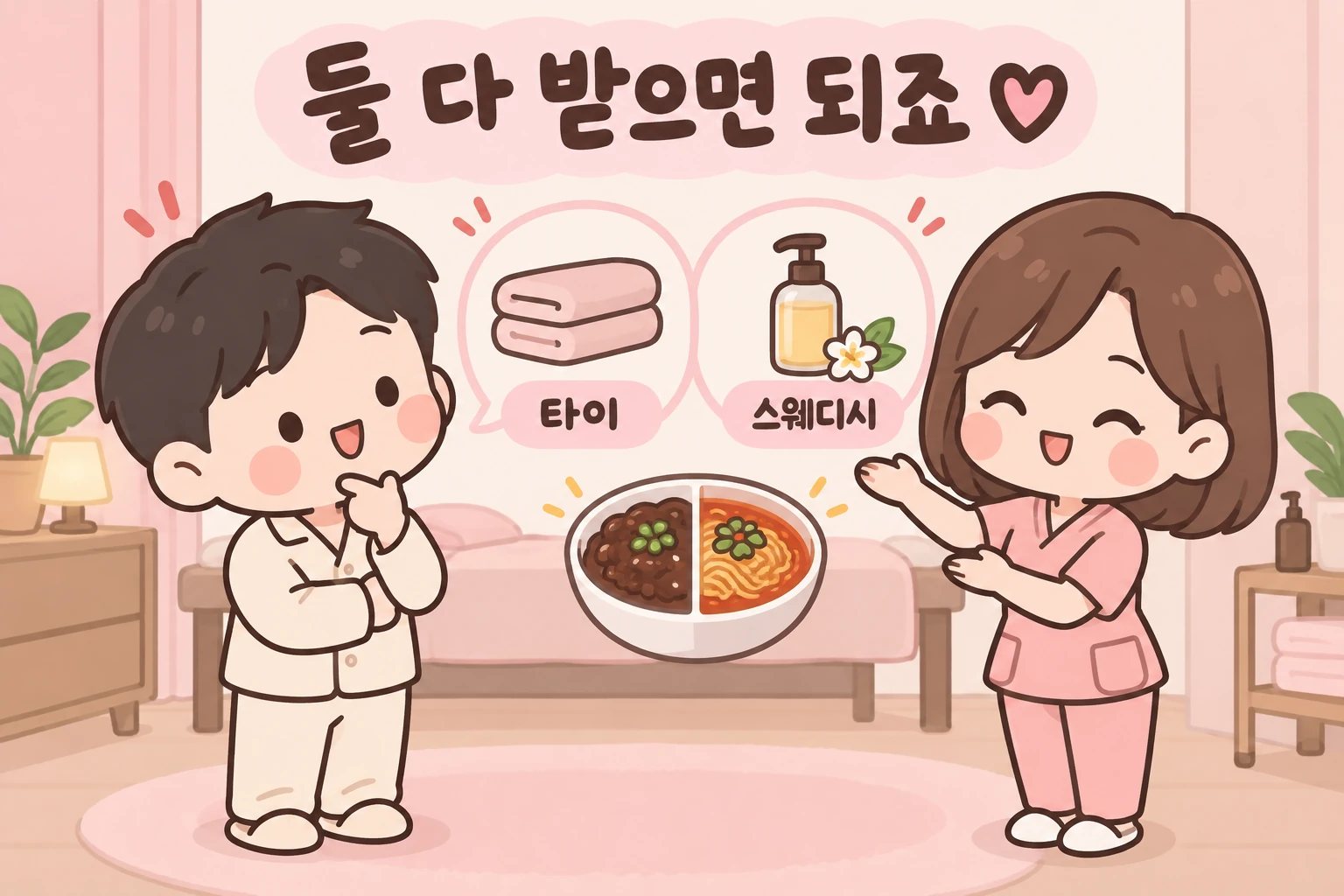 타이와 스웨디시를 짬짜면에 비유해 함께 선택할 수 있음을 보여주는 MZ홈타이 일러스트