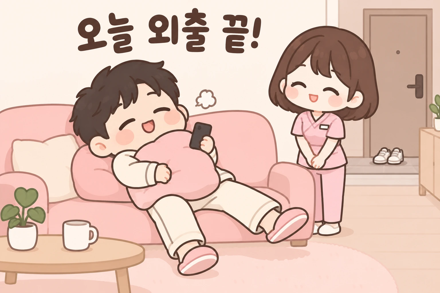잠옷 차림으로 소파에서 쉬며 방문 마사지를 맞이하는 고객의 MZ홈타이 일러스트