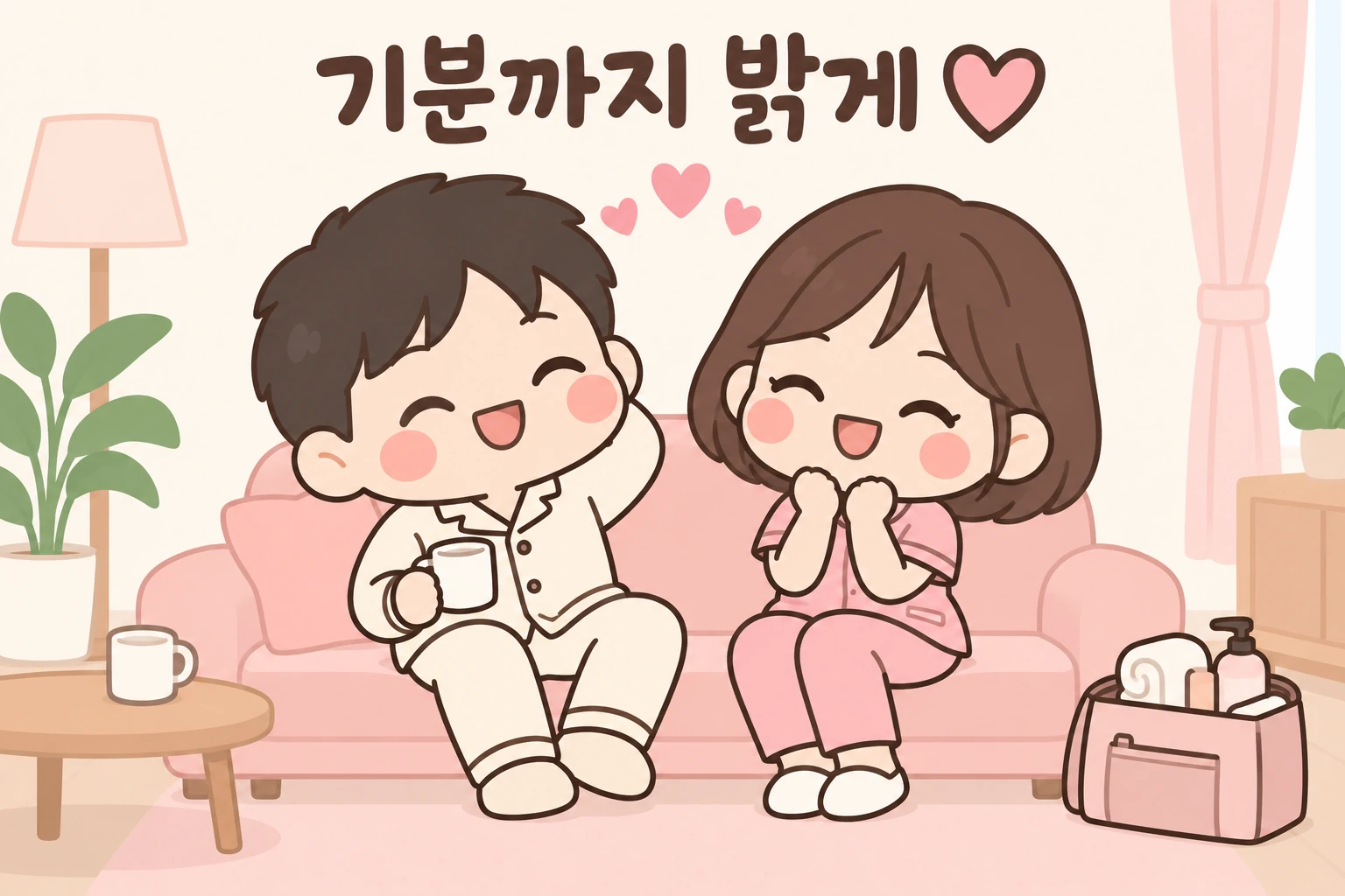 고객과 관리사가 편하게 웃으며 대화하는 MZ홈타이의 밝은 에너지 일러스트