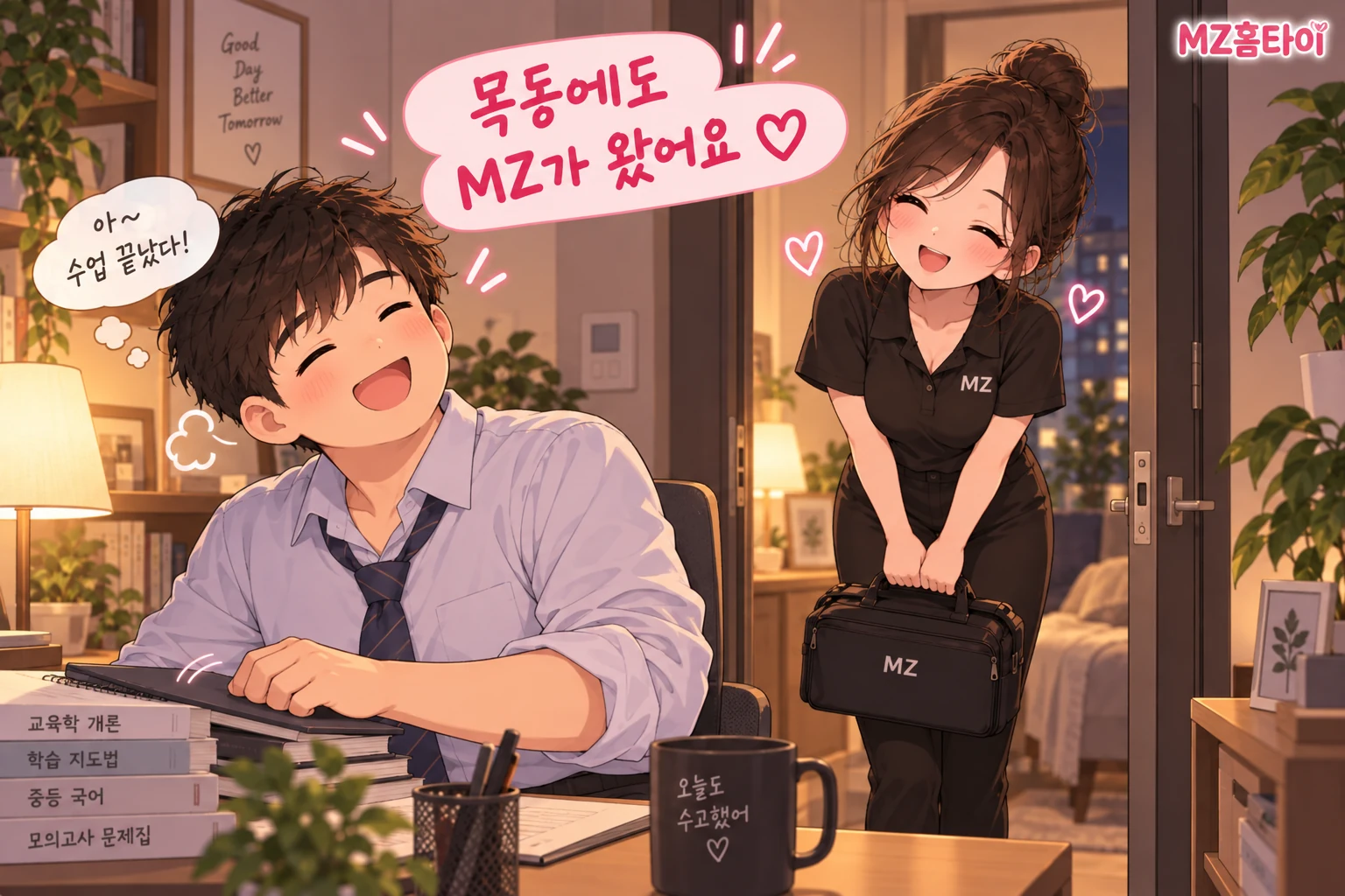 목동에서 수업을 마친 남성 강사에게 검정 MZ 유니폼의 관리사가 인사하는 일러스트