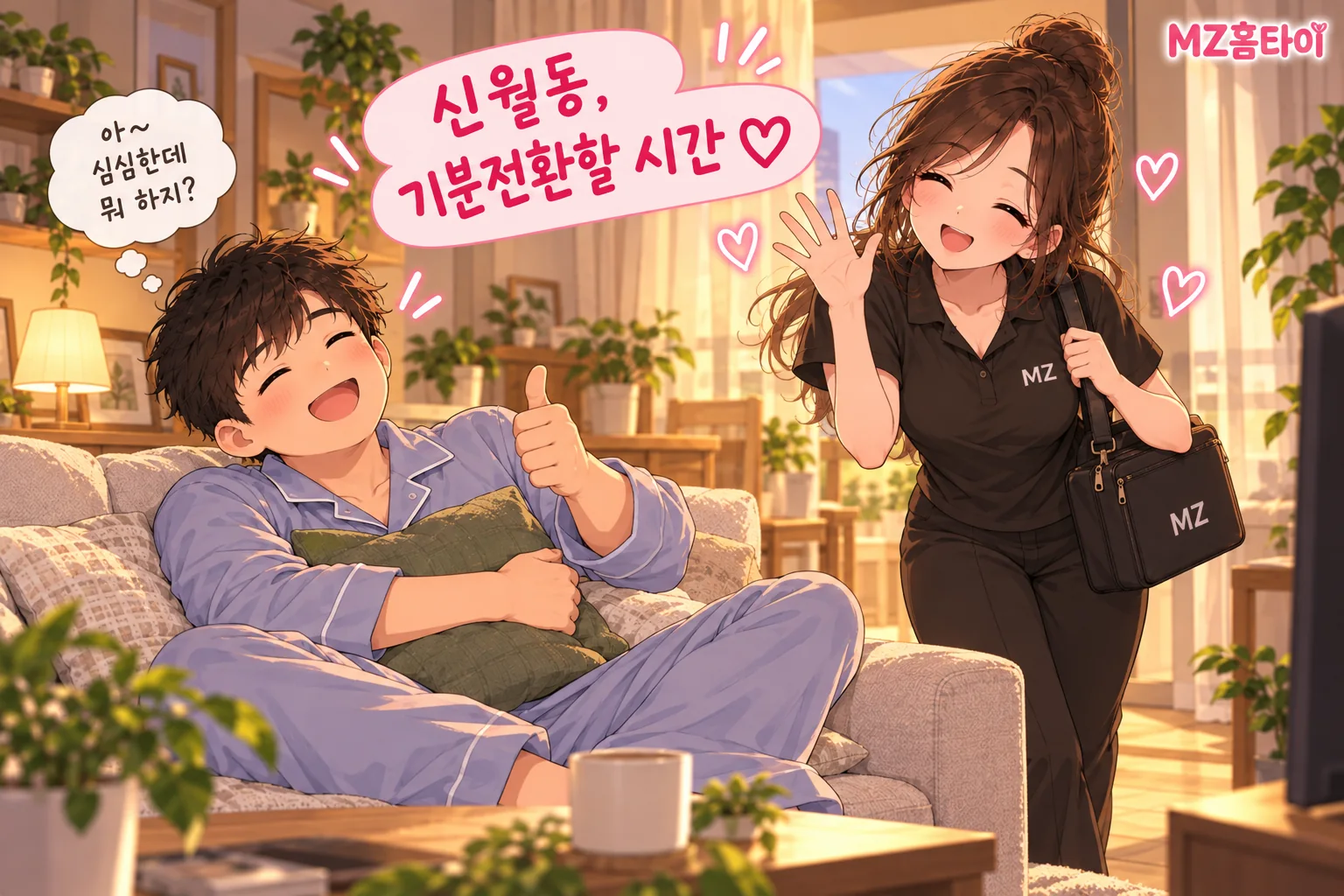 무료한 휴일을 보내던 신월동 남성에게 MZ홈타이 관리사가 밝게 인사하는 일러스트