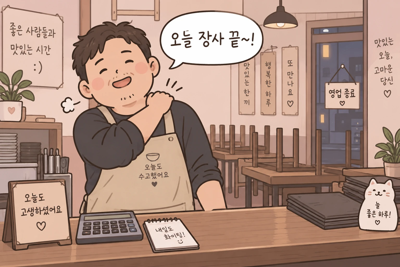 가게 마감 후 어깨를 주무르는 남자 사장님 일러스트