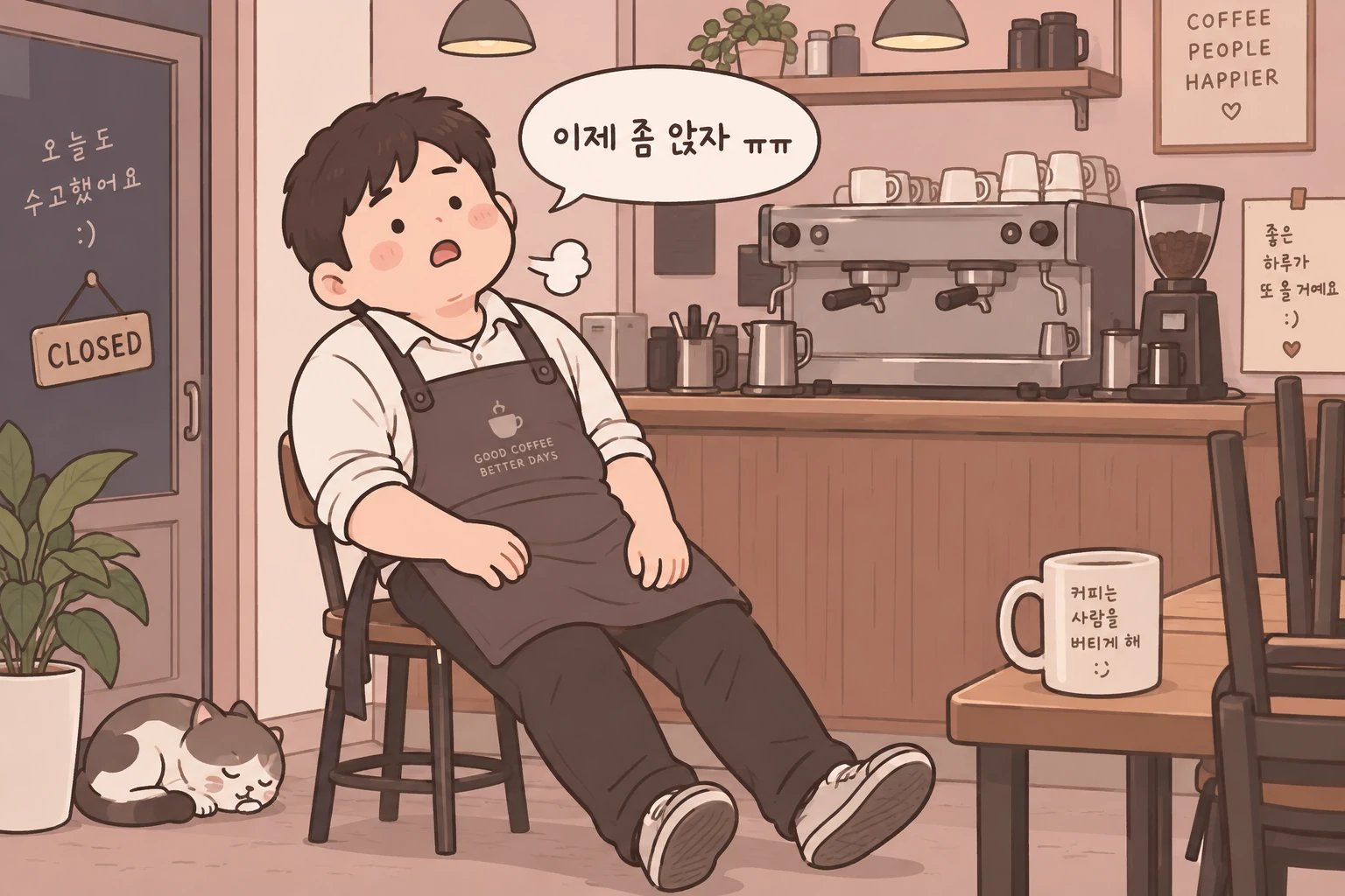 카페 마감 후 의자에 앉아 다리를 쉬는 남자 직원 일러스트