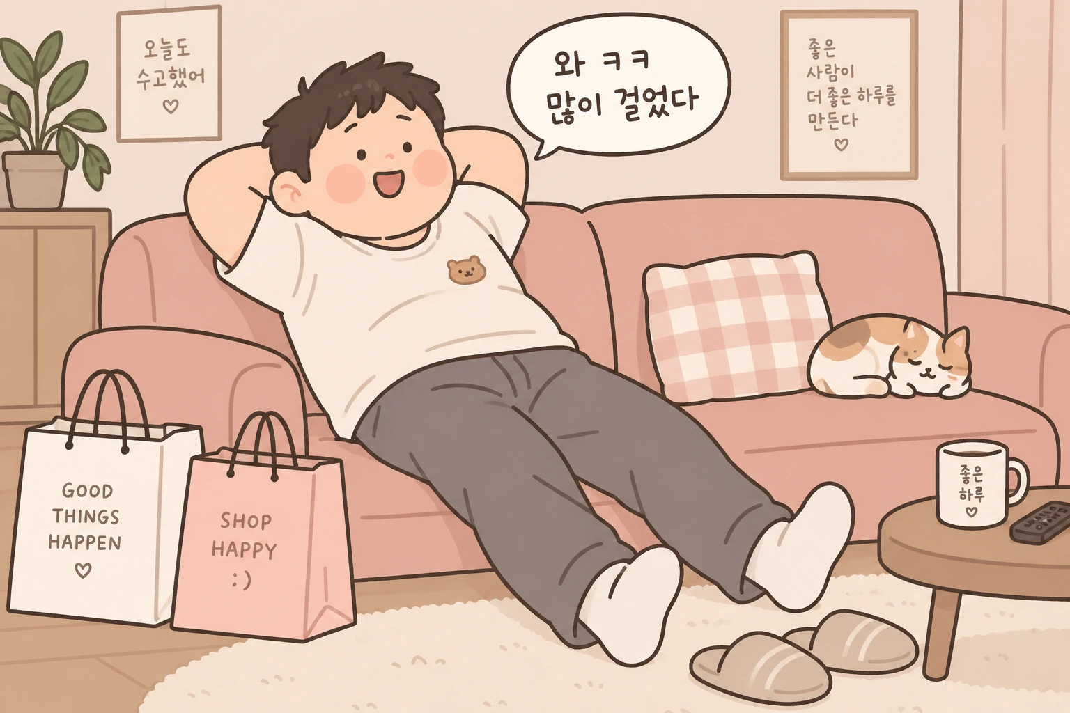 쇼핑 후 집 소파에서 다리를 뻗고 쉬는 남자 손님 일러스트
