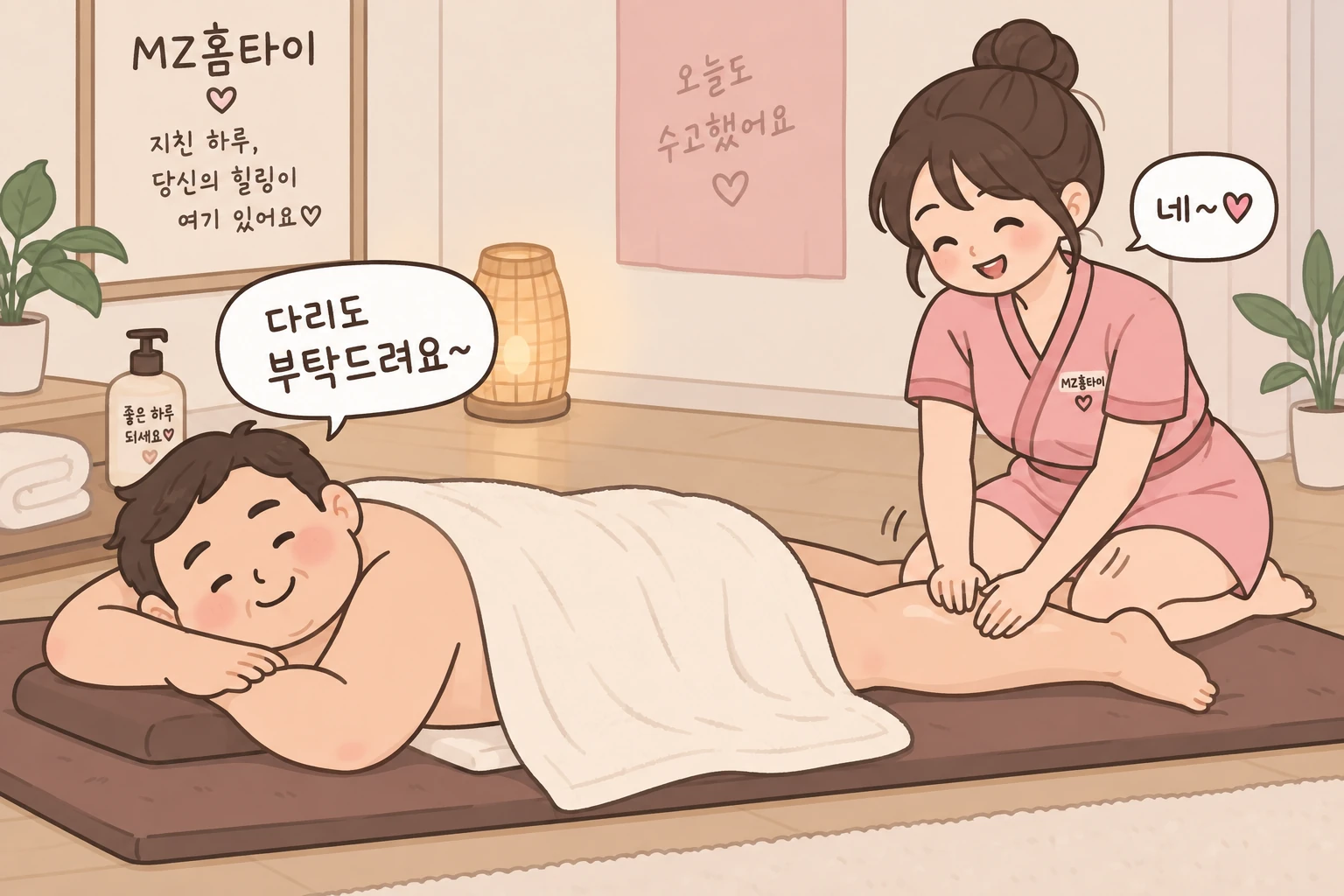 집에서 남자 손님의 종아리를 관리하는 MZ홈타이 관리사 일러스트