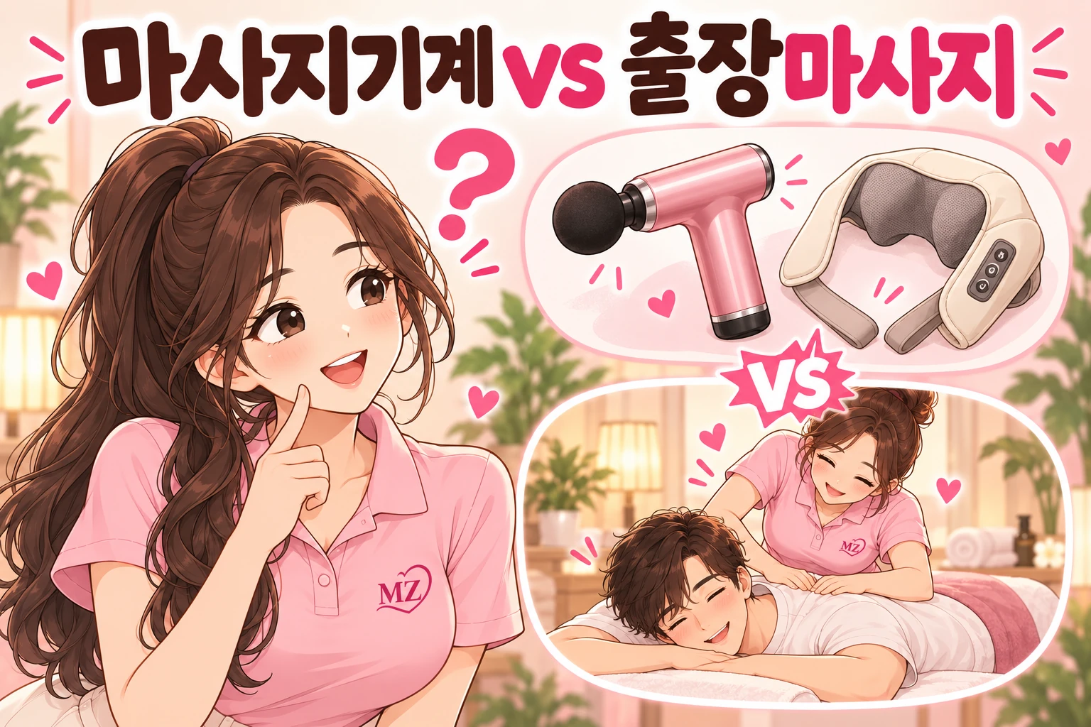 마사지기와 출장마사지 장면을 보며 고개를 기울인 여자 관리사 일러스트