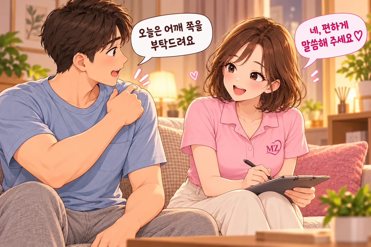 원하는 어깨 관리 부위를 한국인 관리사에게 설명하는 고객 일러스트
