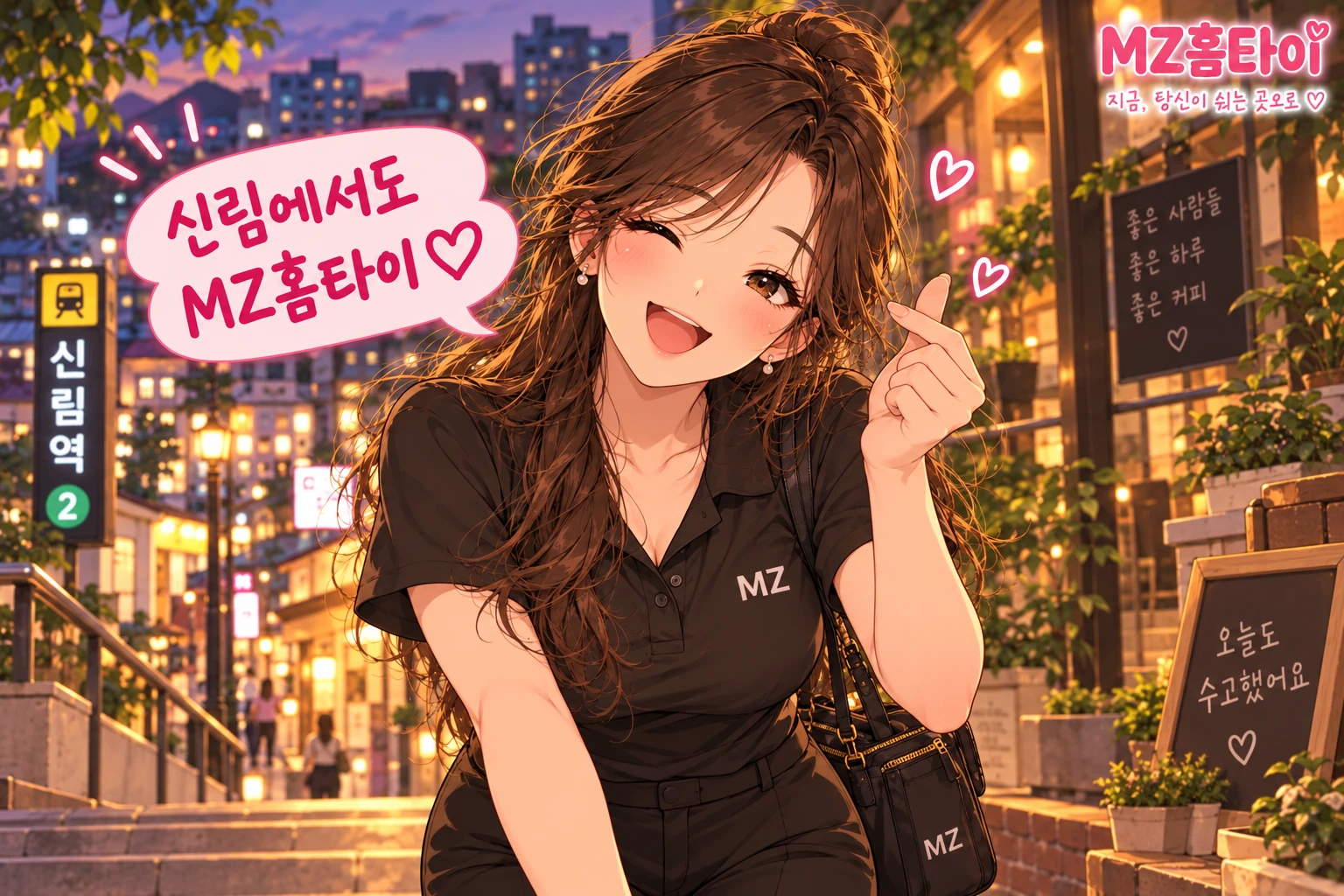 신림 출장마사지 MZ홈타이 관리사가 카메라를 보며 손하트로 인사하는 일러스트