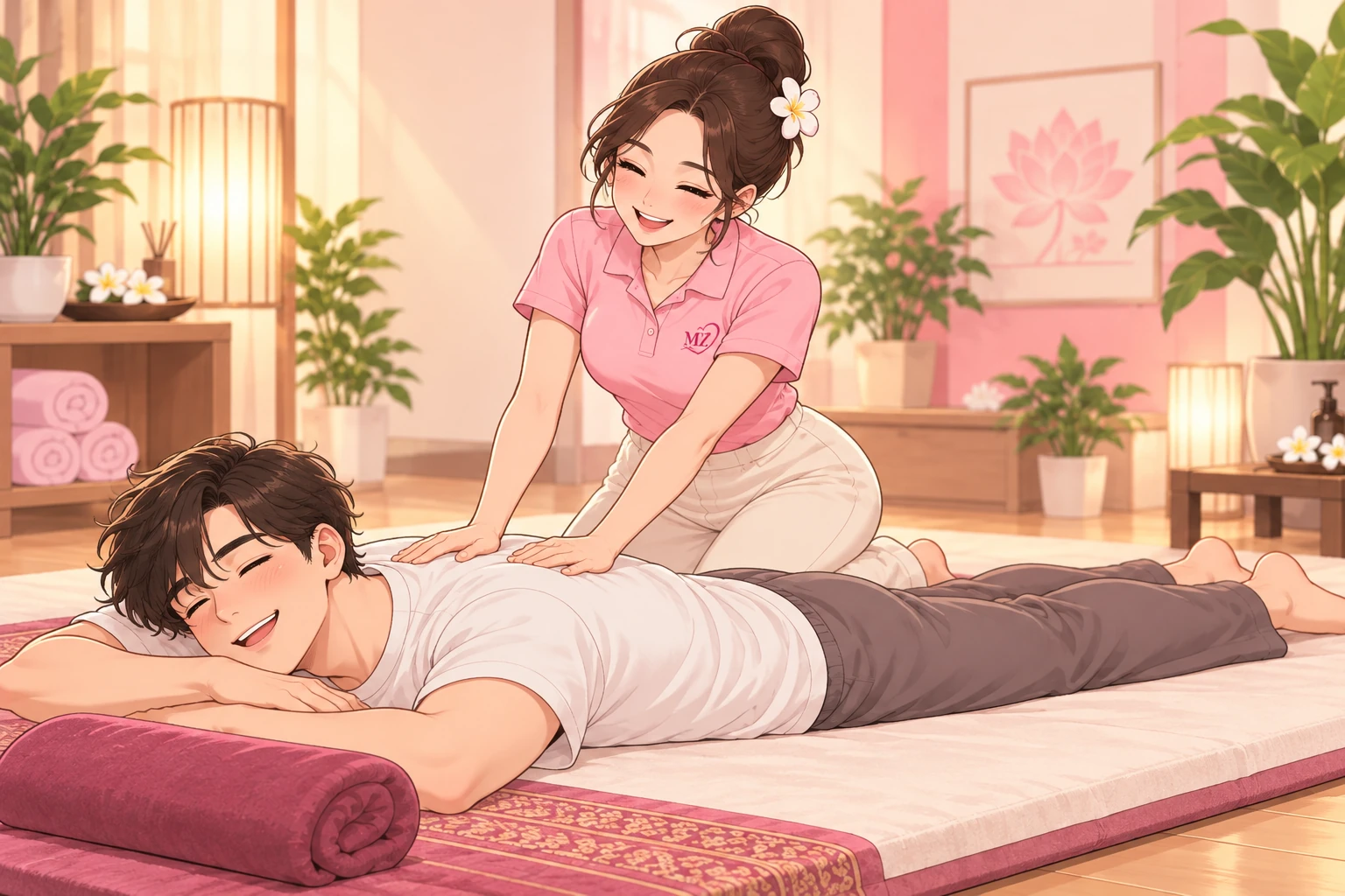 편안하게 엎드려 타이마사지를 받는 고객과 MZ홈타이 관리사 일러스트