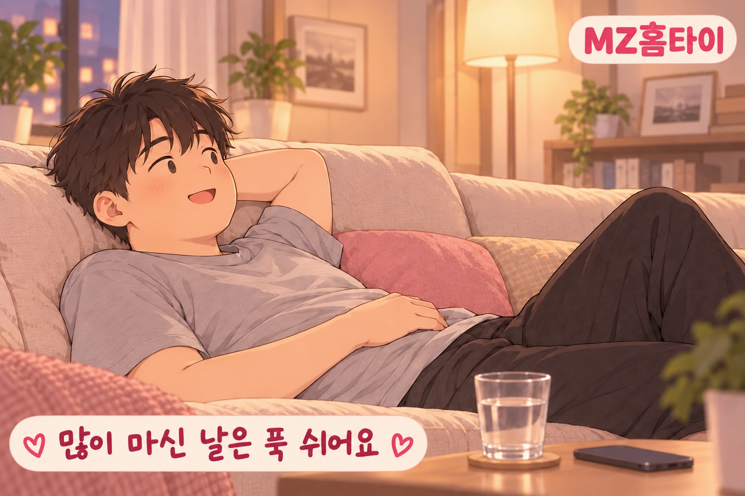 물 한 잔을 옆에 두고 소파에서 쉬는 남성 일러스트