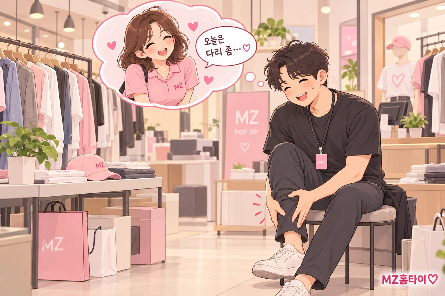 성수 팝업스토어에서 오래 서서 일한 뒤 쉬는 모습