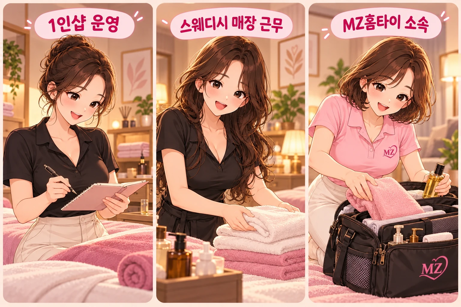 1인샵 운영, 스웨디시 매장 근무, MZ홈타이 소속 관리사들의 모습을 그린 일러스트
