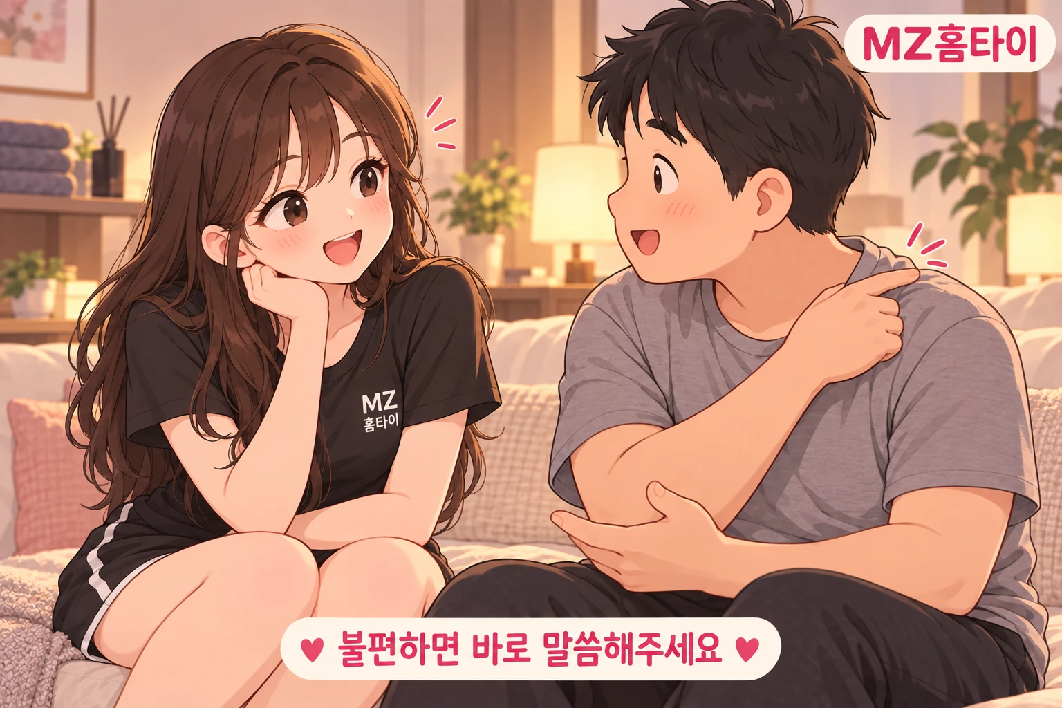 마사지 전 어깨의 불편한 부위를 관리사에게 설명하는 고객 일러스트