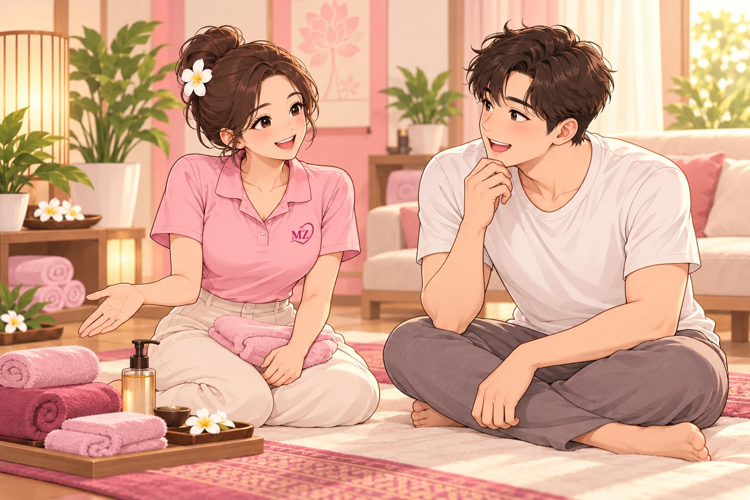 마사지 전에 원하는 관리 방식을 이야기하는 고객과 관리사 일러스트
