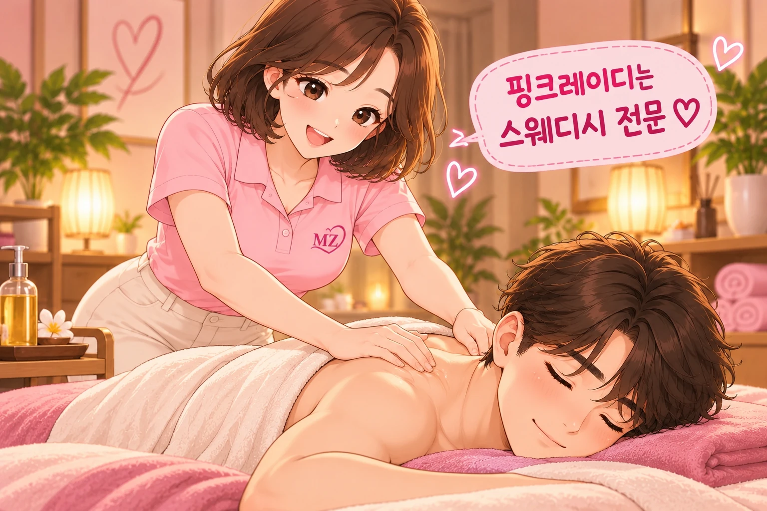 핑크레이디 한국인 관리사가 고객의 어깨를 스웨디시로 관리하는 일러스트